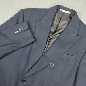 Zara Mens 42 Double Breasted Blazer Navy Blue Suit Jacket Sport Coat